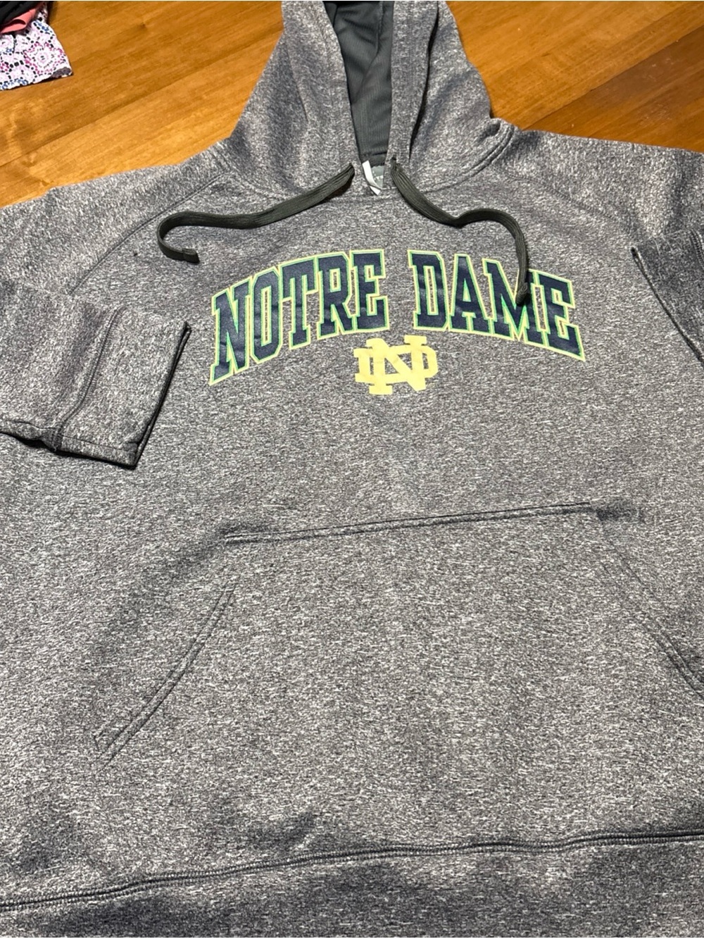 Knights Apparel Gray Pullover Hoodie with Green and Gold Notre Dame Script